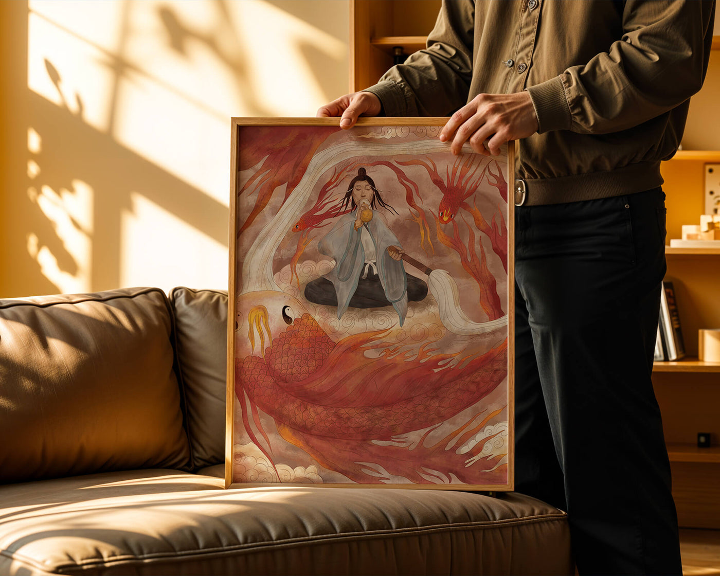 Serene meditation with mystical elements and mythical creatures