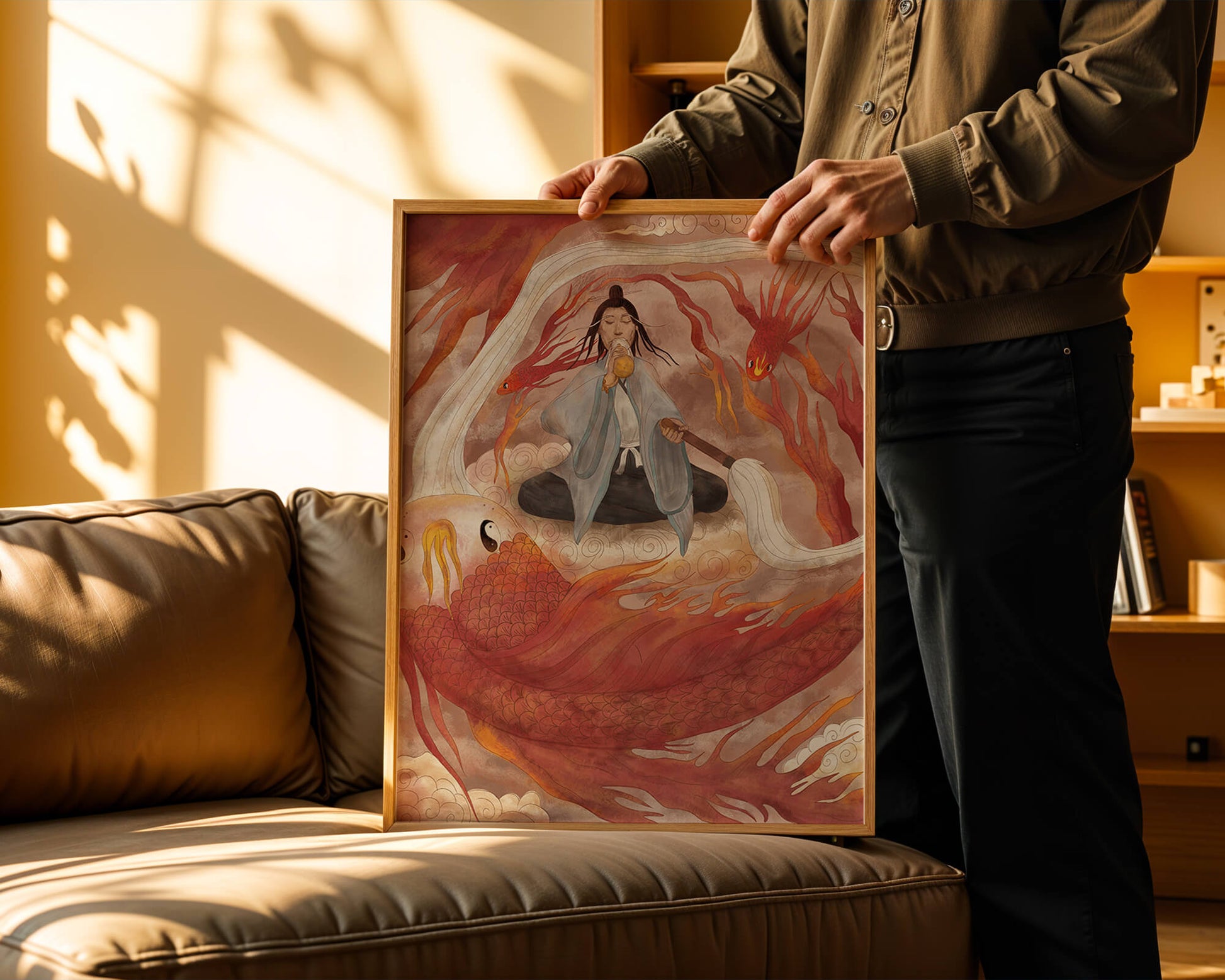 Serene meditation with mystical elements and mythical creatures
