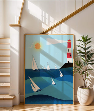 Coastal scene with sailboats and lighthouse on a bright sunny day