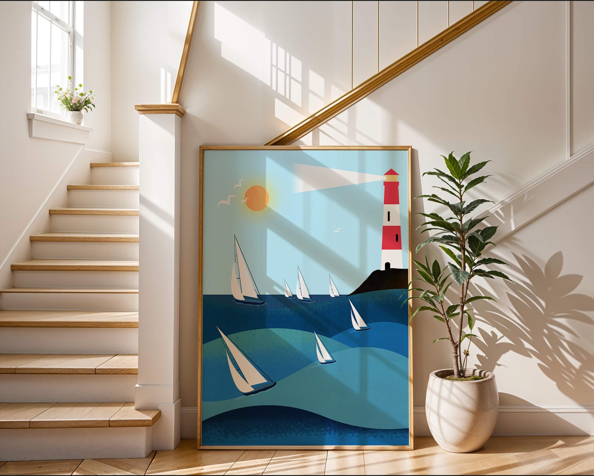 Coastal scene with sailboats and lighthouse on a bright sunny day