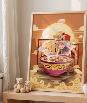 Ilustración de un niño con traje tradicional y un gran tazón de sopa