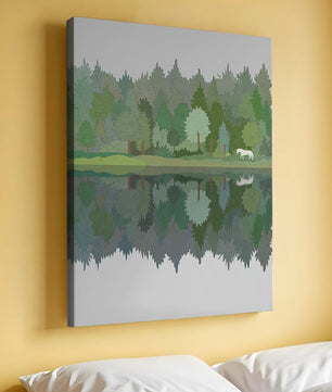 Forest landscape with a white horse and reflection in a tranquil pond