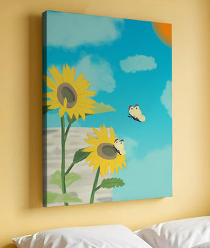 Sunflowers And Butterflies Under A Bright Blue Sky