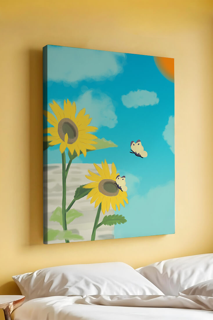 Sunflowers And Butterflies Under A Bright Blue Sky