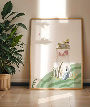 Whimsical Landscape with Fantasy Village and Watermelon Elements