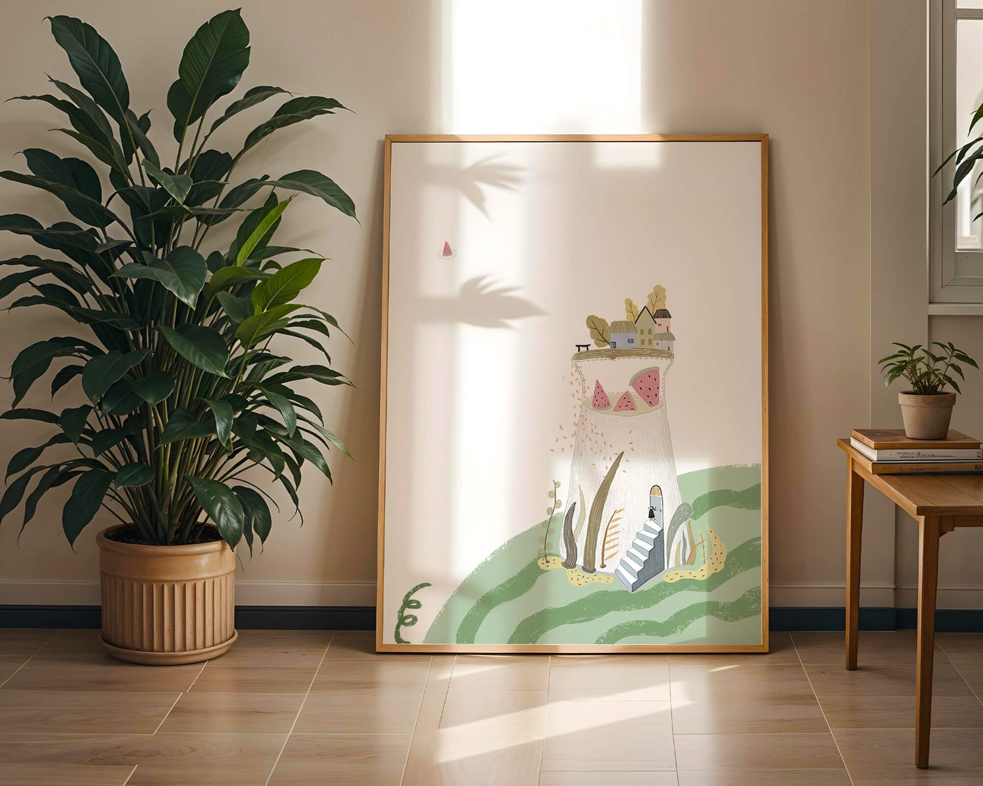 Whimsical Landscape with Fantasy Village and Watermelon Elements