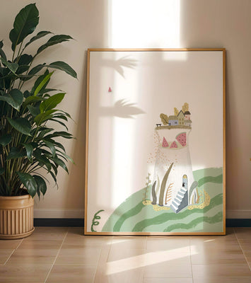 Whimsical Landscape with Fantasy Village and Watermelon Elements