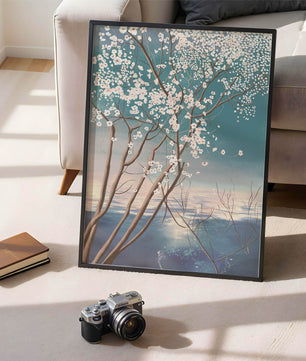 Paisaje sereno con árbol en flor sobre la reflexión del agua tranquila