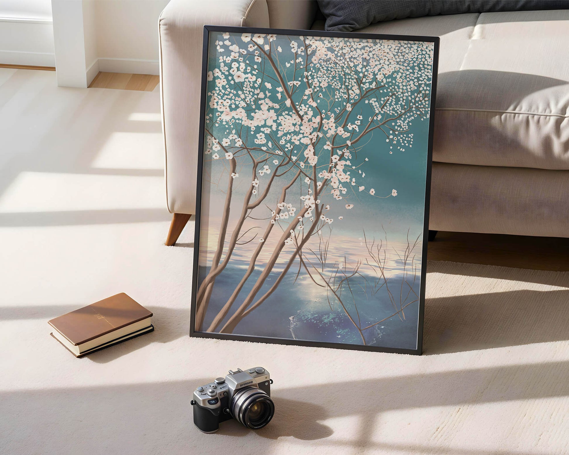 Serene landscape with blossoming tree over calm water reflection