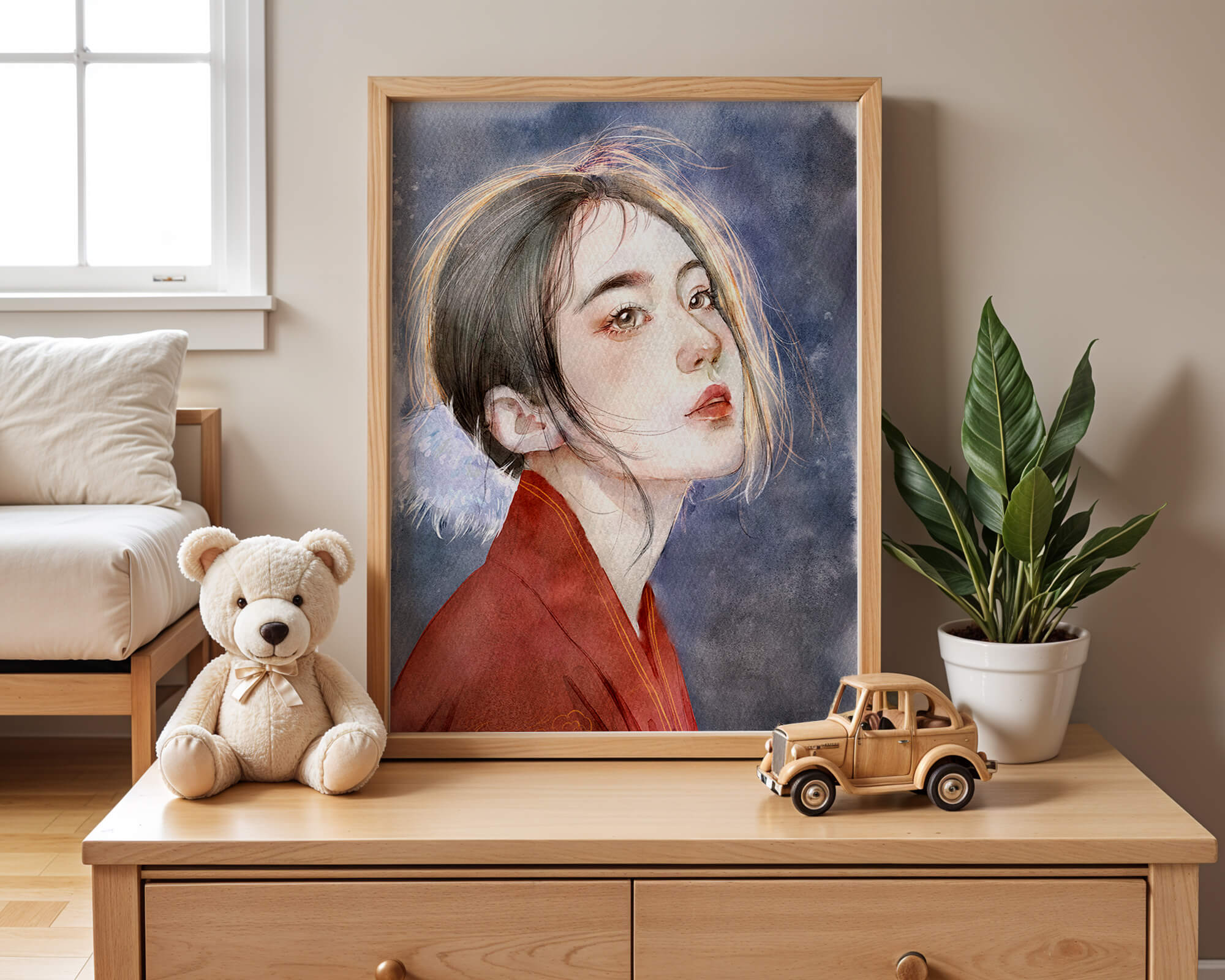 Watercolor portrait of a woman in a red garment with expressive features