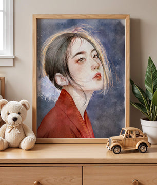 Watercolor portrait of a woman in a red garment with expressive features