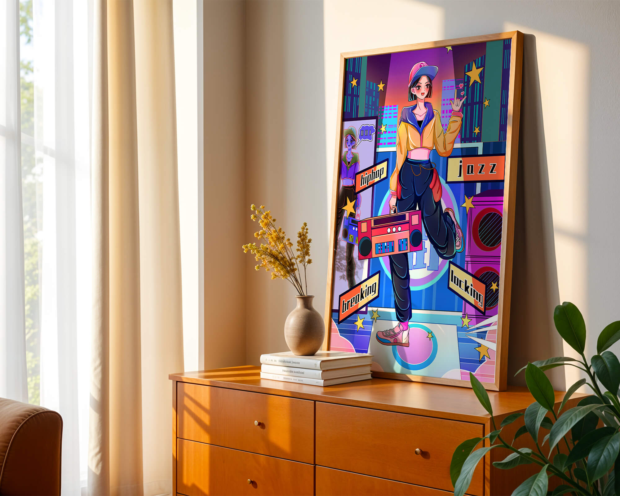 Colorful urban dance scene with hip hop and jazz elements