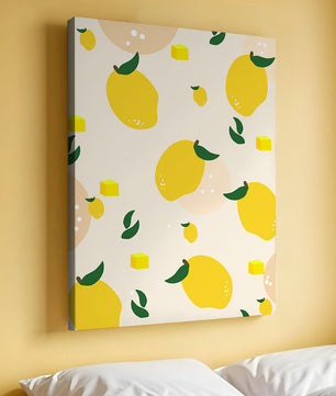 Playful lemon pattern with green leaves and abstract shapes