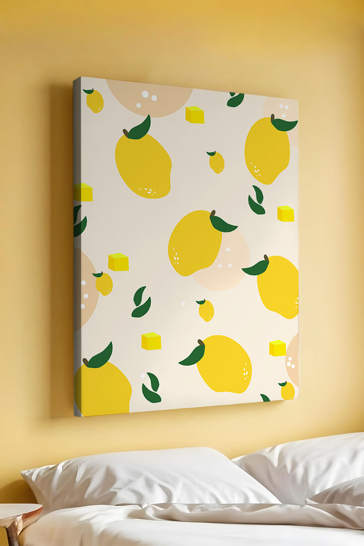 Playful lemon pattern with green leaves and abstract shapes