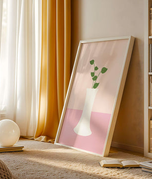 Simple Minimalist Illustration of a White Vase with Green Leaves on a Pink Background - Mi tienda