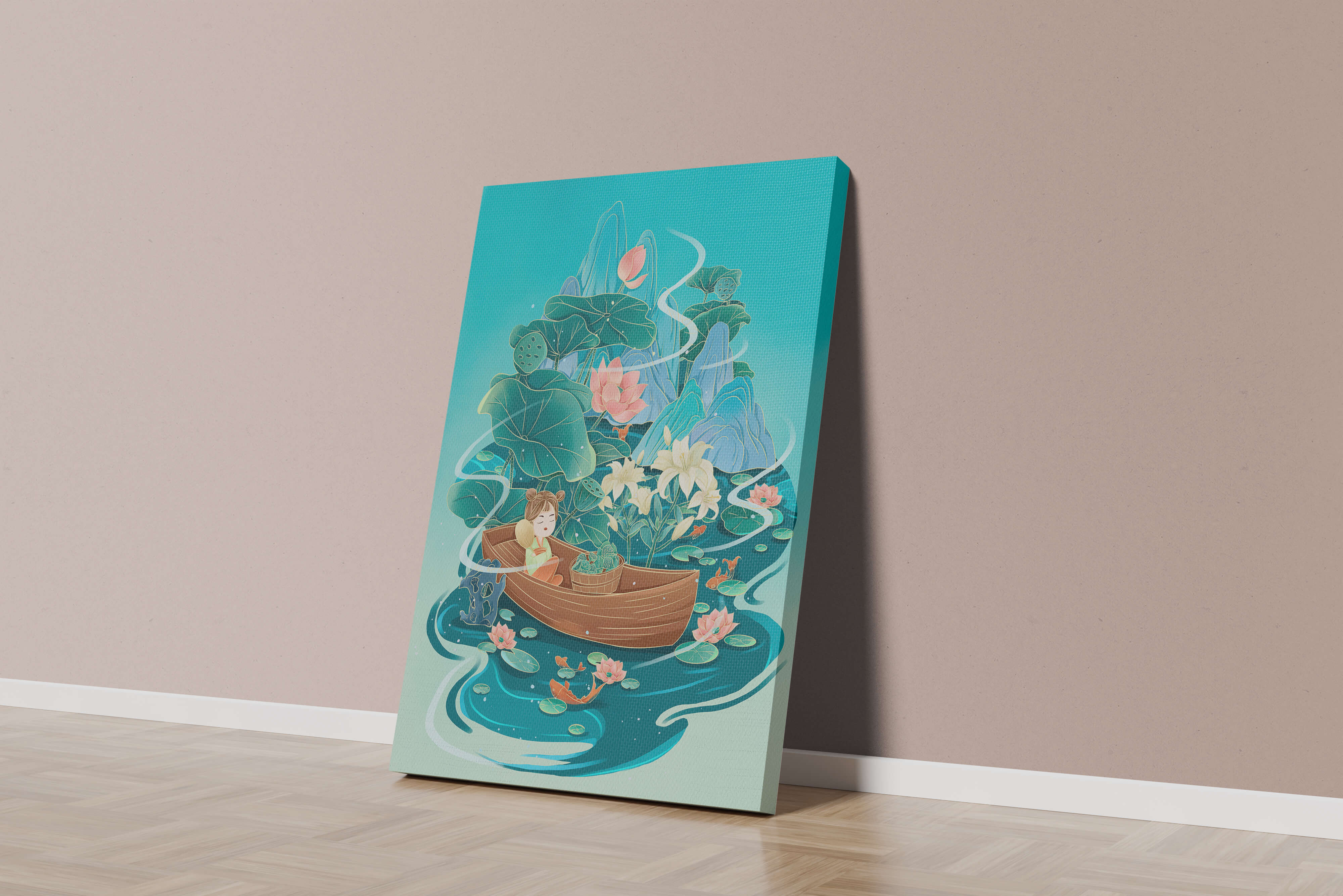 Serene landscape with lotus and boat in a tranquil water scene