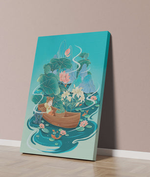 Heitere Landschaft mit Lotus und Boot in einer ruhigen Wasserszene