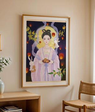 Mid-Autumn Festival Illustration with Moon Goddess and Rabbits