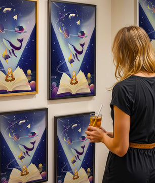 Imaginative galaxy scene with books and a child
