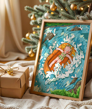 Adventurous raft ride down a vibrant cartoon river with character