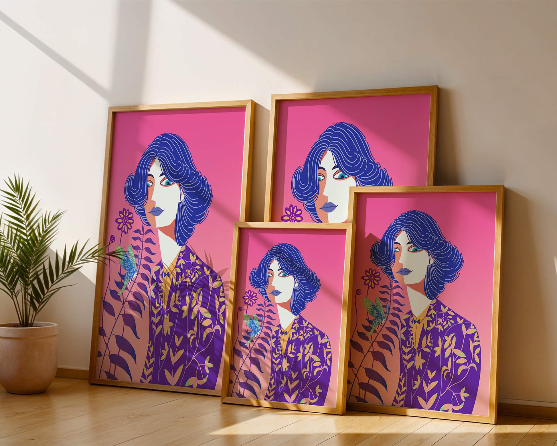 Stylized Portrait of a Woman with Blue Hair and Botanical Pattern