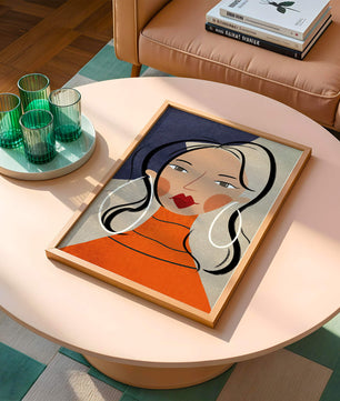 Colorful abstract portrait featuring a woman with red lips and hoop earrings on textured background - Mi tienda