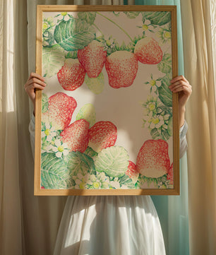 Ilustración de fresas y flores con hojas verdes exuberantes