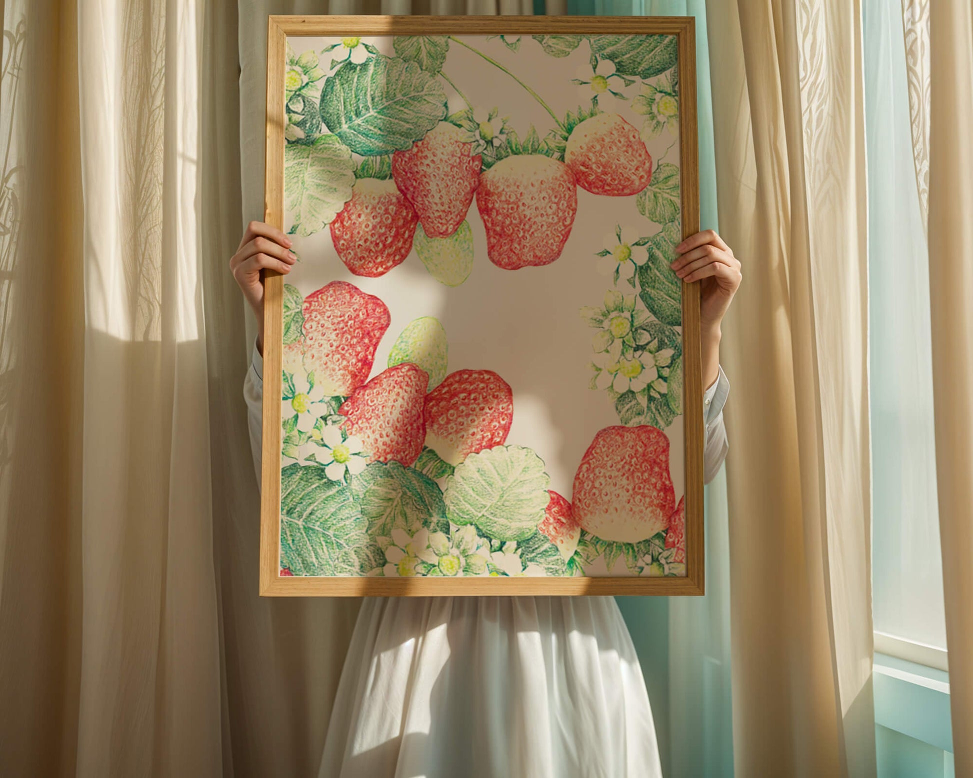 Illustration of strawberries and flowers with lush green leaves
