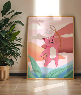 Pink Cat Holding Net in Whimsical Landscape