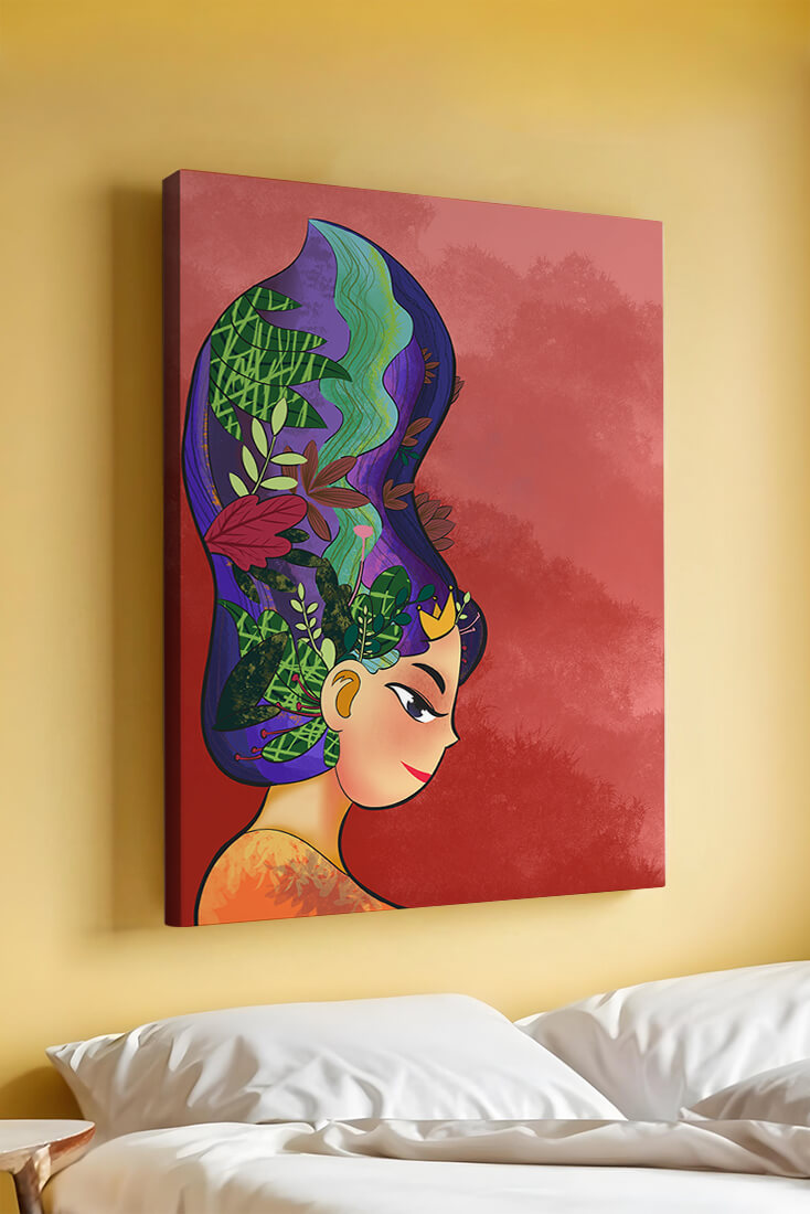 Colorful artistic portrait with nature-inspired hair design