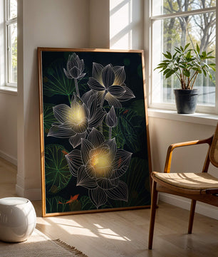 Beautiful lotus flowers with glow effect and koi fish - Mi tienda