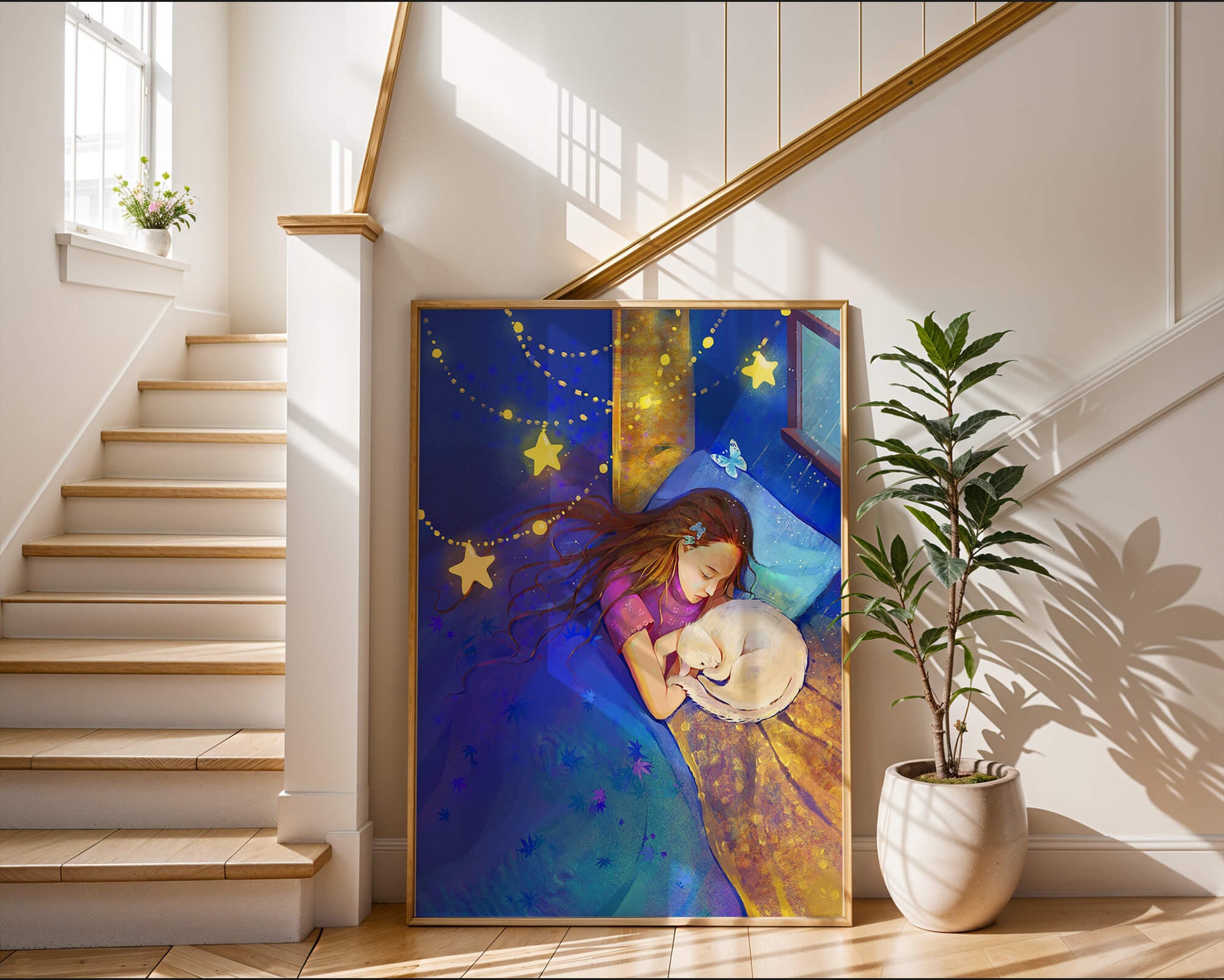 Girl sleeping with cat under starry night sky