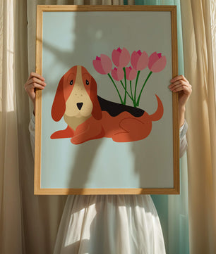 Illustration eines Basset Hound mit rosa Blumen auf hellblauem Hintergrund