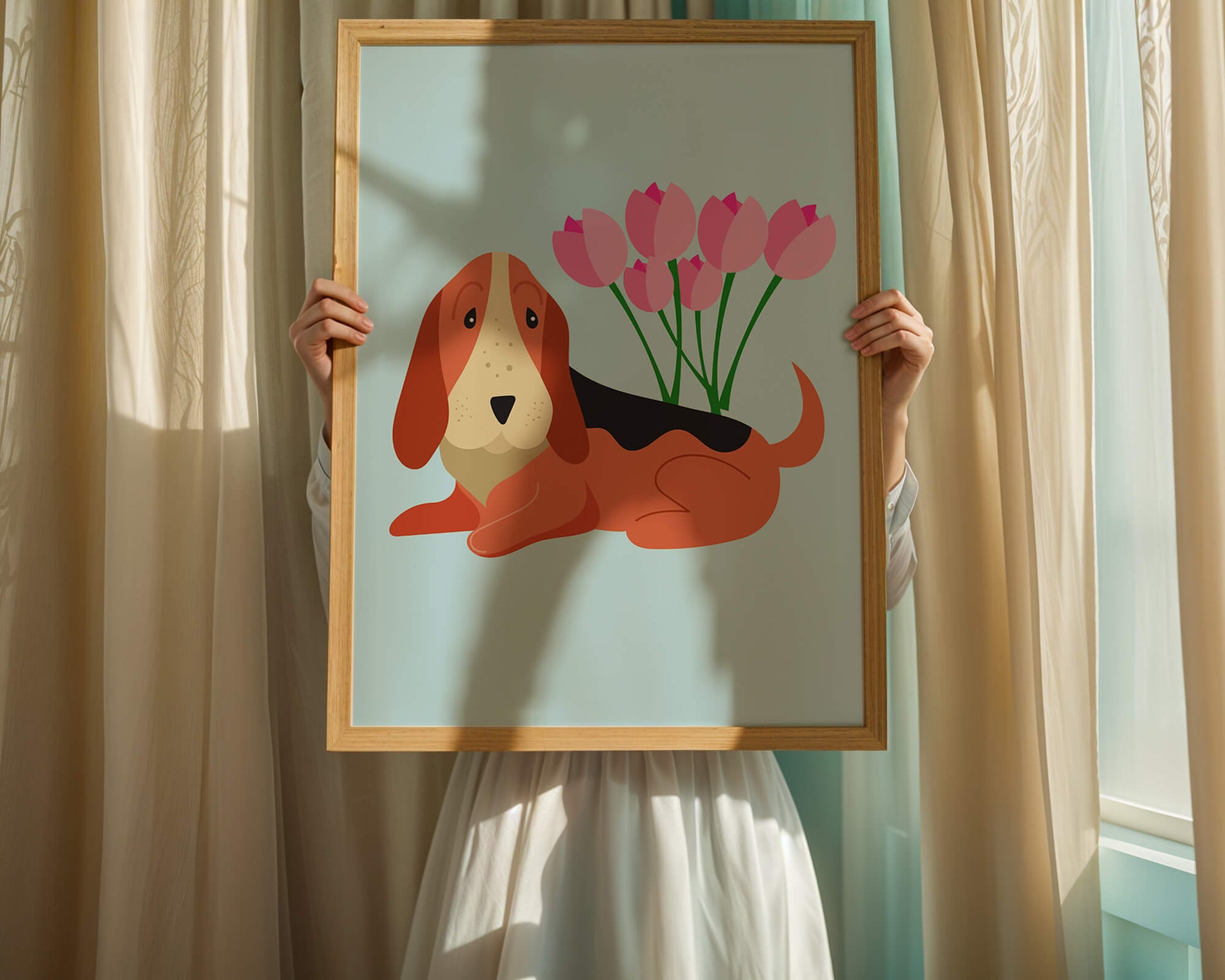 Illustration eines Basset Hound mit rosa Blumen auf hellblauem Hintergrund