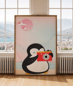 Whimsical penguin illustration with a camera on a pastel beach