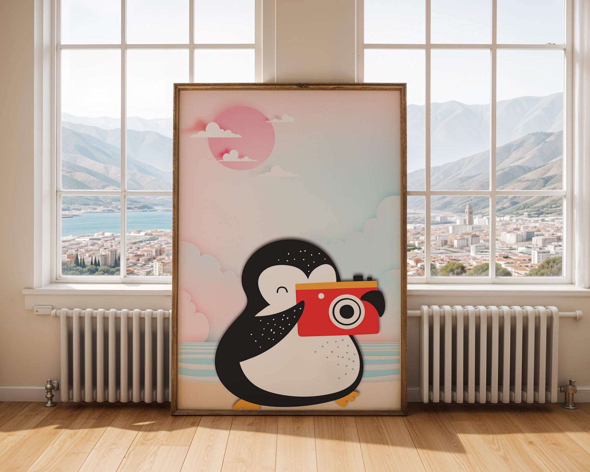 Whimsical penguin illustration with a camera on a pastel beach