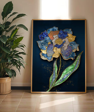 Diseño floral texturizado y colorido con contornos dorados sobre fondo oscuro