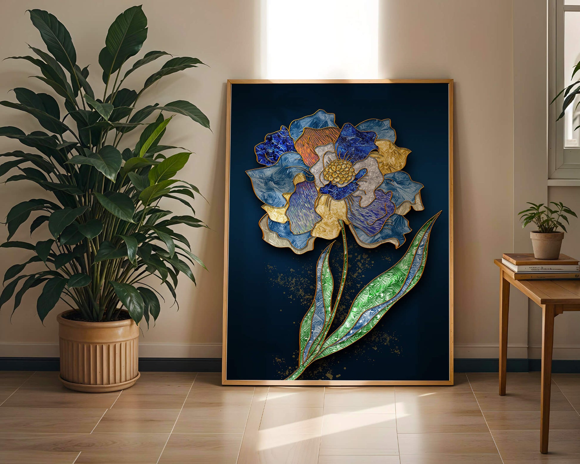 Diseño floral texturizado y colorido con contornos dorados sobre fondo oscuro