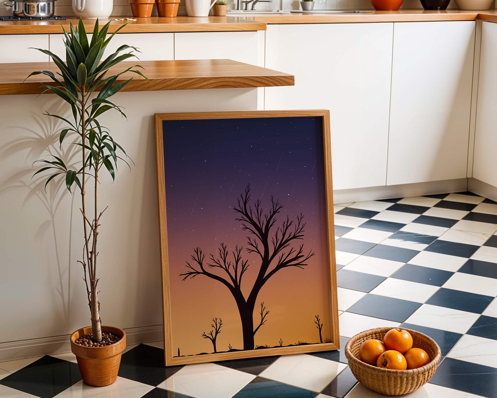 Silhouette Of Tree Against Stunning Sunset Sky With Stars