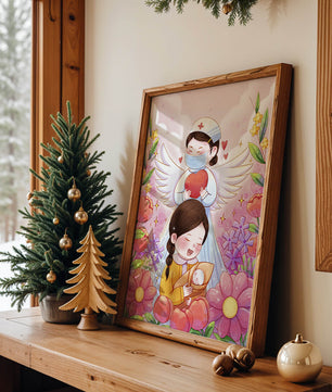Escena ilustrada de un ángel de la salud con un niño y flores