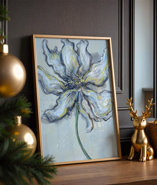 Elegant blue and green abstract floral artwork with flowing lines