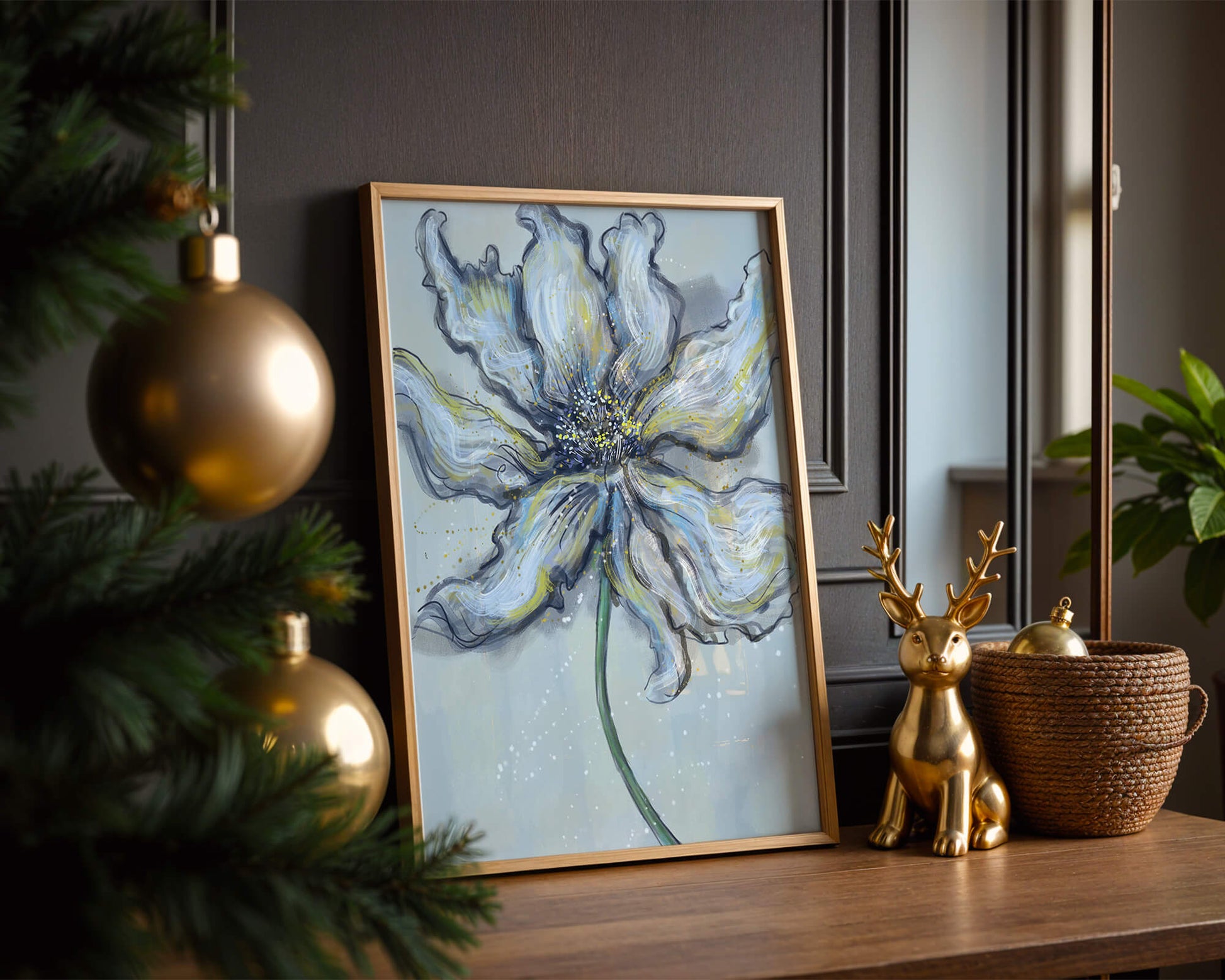 Elegant blue and green abstract floral artwork with flowing lines