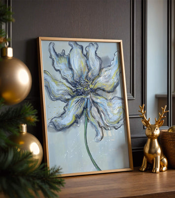 Elegant blue and green abstract floral artwork with flowing lines