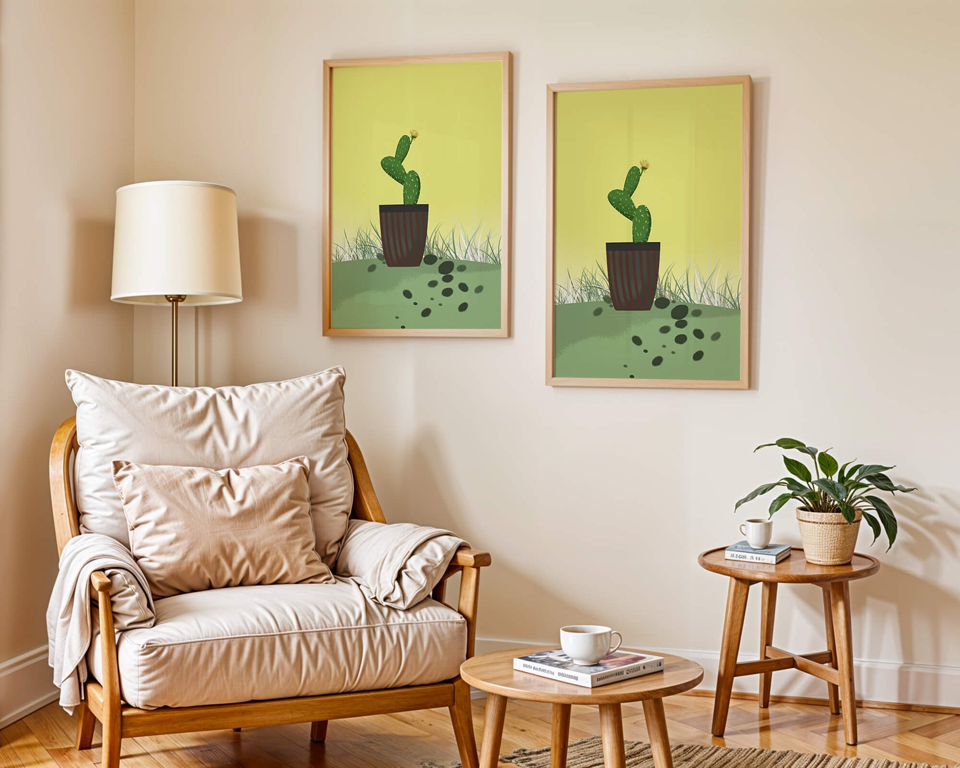 Illustration of a potted cactus with flower on soft background