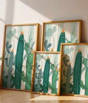 Colorful Cacti with Golden Elements on a Textured Background
