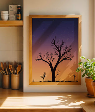 Silhouette Of Tree Against Stunning Sunset Sky With Stars