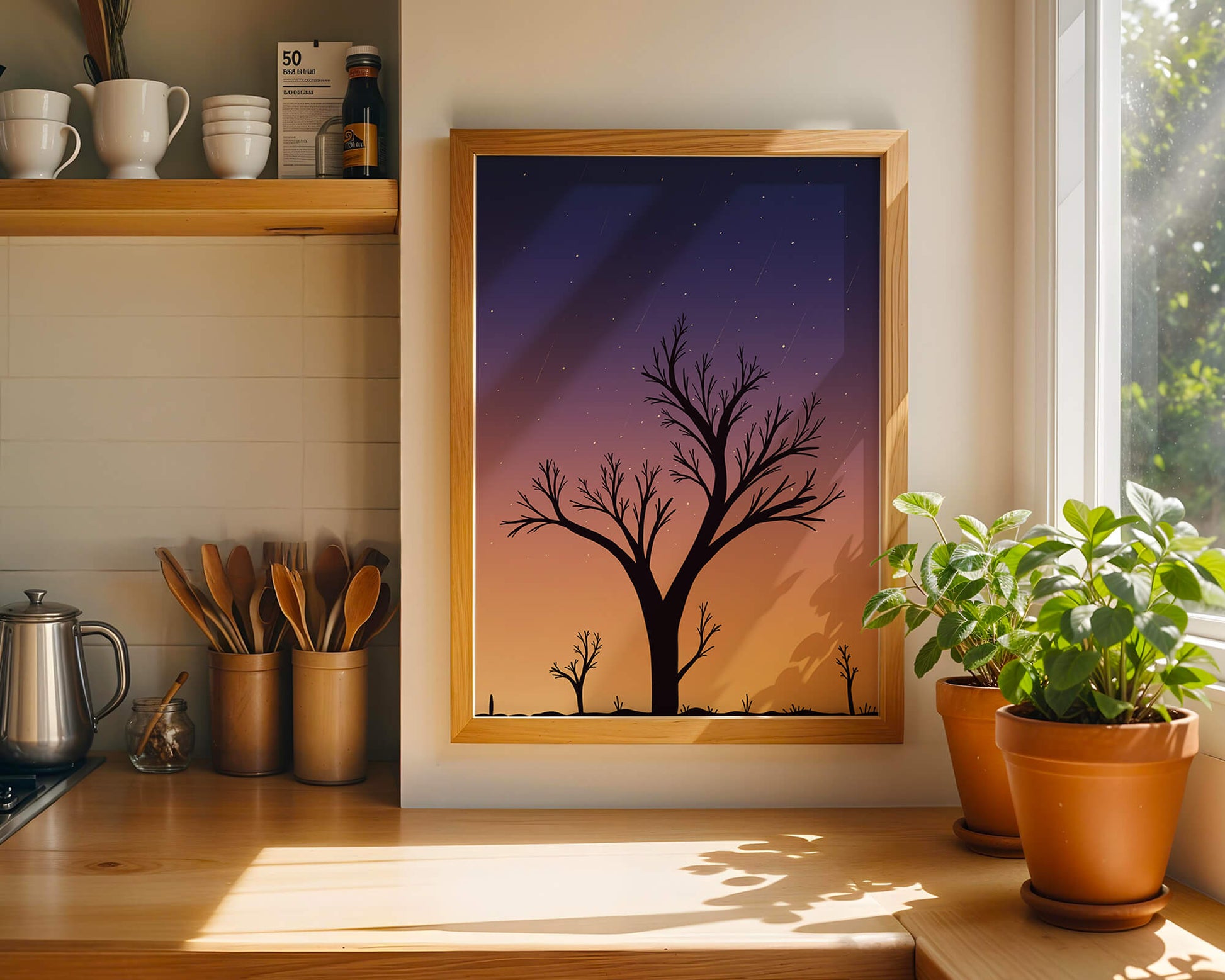Silhouette Of Tree Against Stunning Sunset Sky With Stars