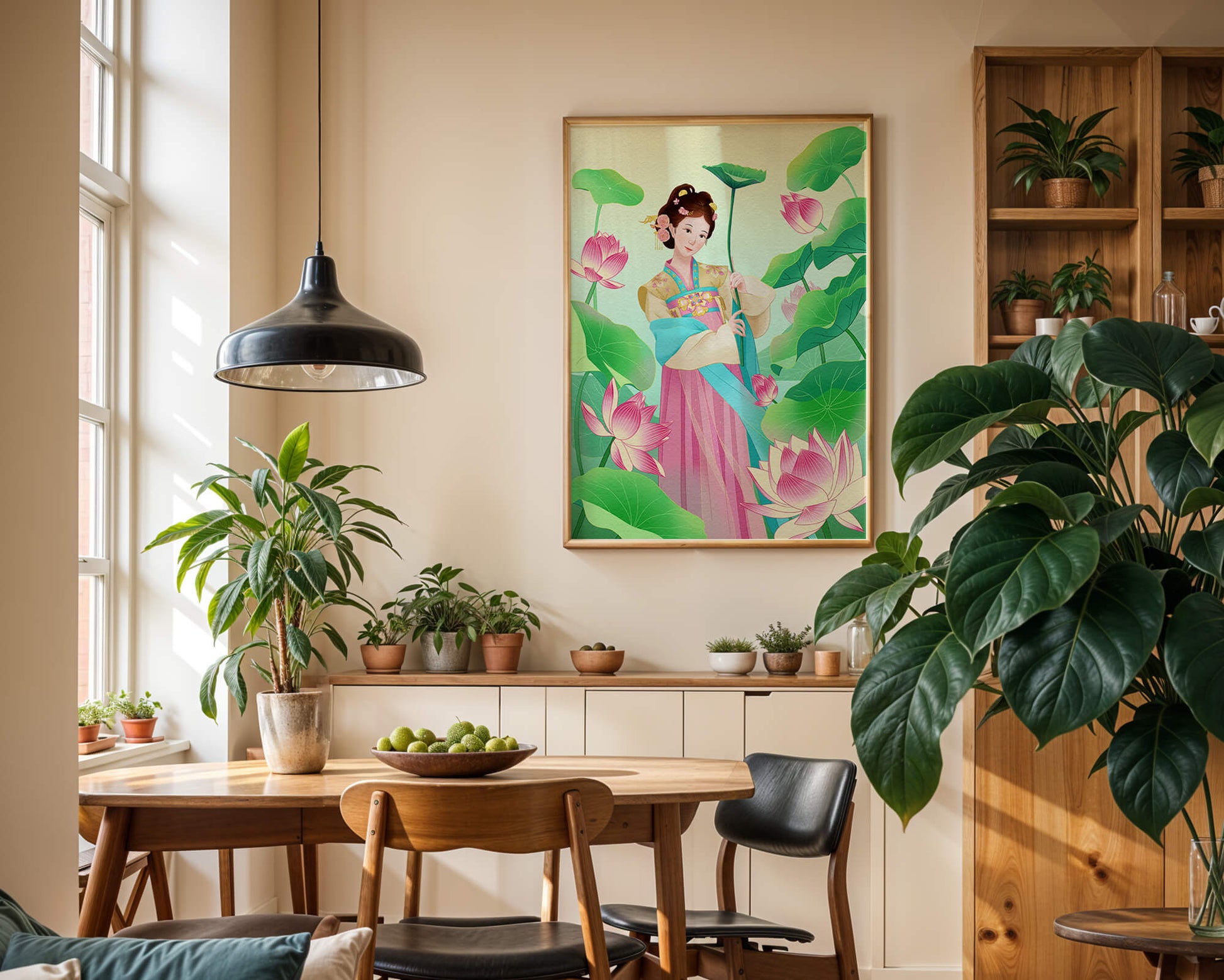 Traditional Asian woman in a garden surrounded by lotus flowers and green leaves