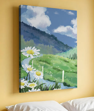 Meadow with Daisies Under Bright Blue Sky