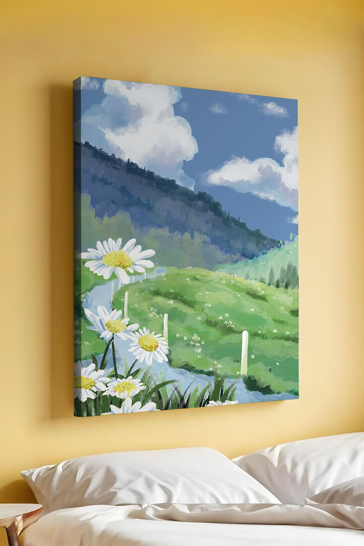 Meadow with Daisies Under Bright Blue Sky
